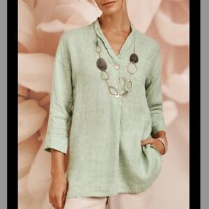Pure Jill Yarn Dyed 100% Linen Tunic Blouse Button Front Light Green Sz XL